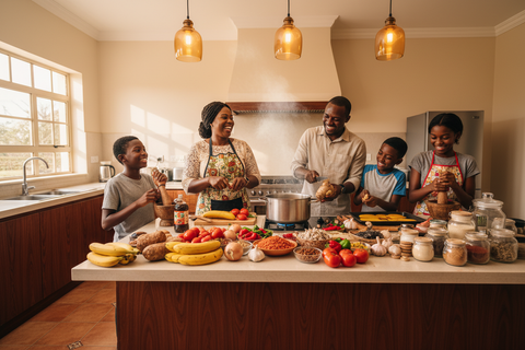 create an image of a family cooking nigerian food with nigerian groceries in a kitchen