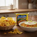 Generate an image of plantain chips and nigerian indomie noodles on a table